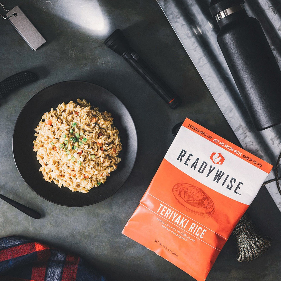 ReadyWise emergency food supply packaging with mountain backdrop, emphasizing survival preparedness