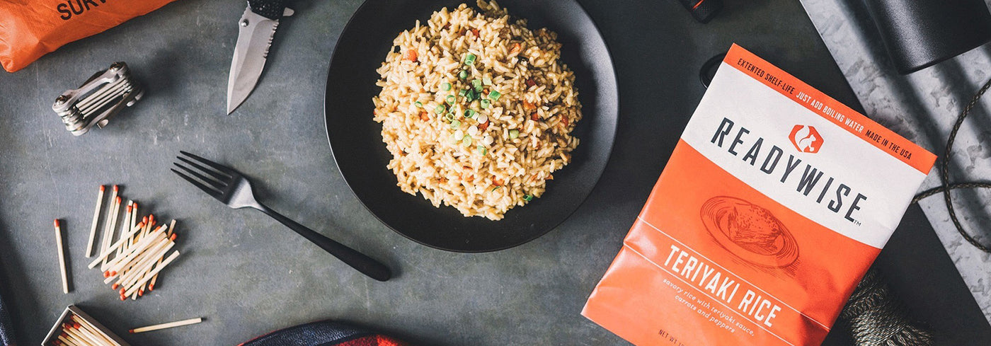 ReadyWise emergency food supply display for outdoor survival and preparedness