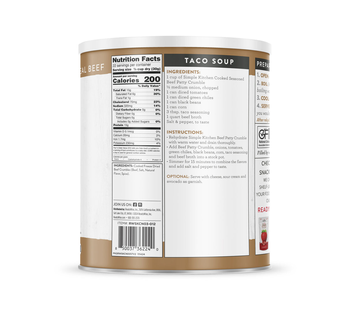 ReadyWise - Freeze-Dried Beef Patty Crumbles, 22 Servings
