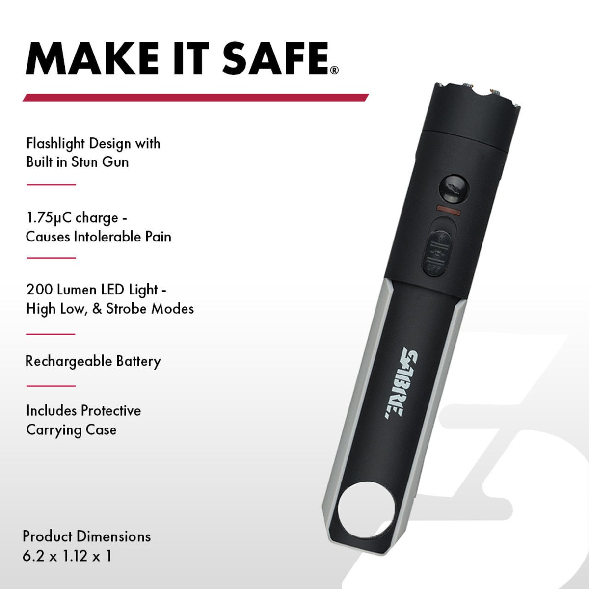 Sabre - 2-in-1 Stun Gun with 200-Lumen LED Flashlight - Black