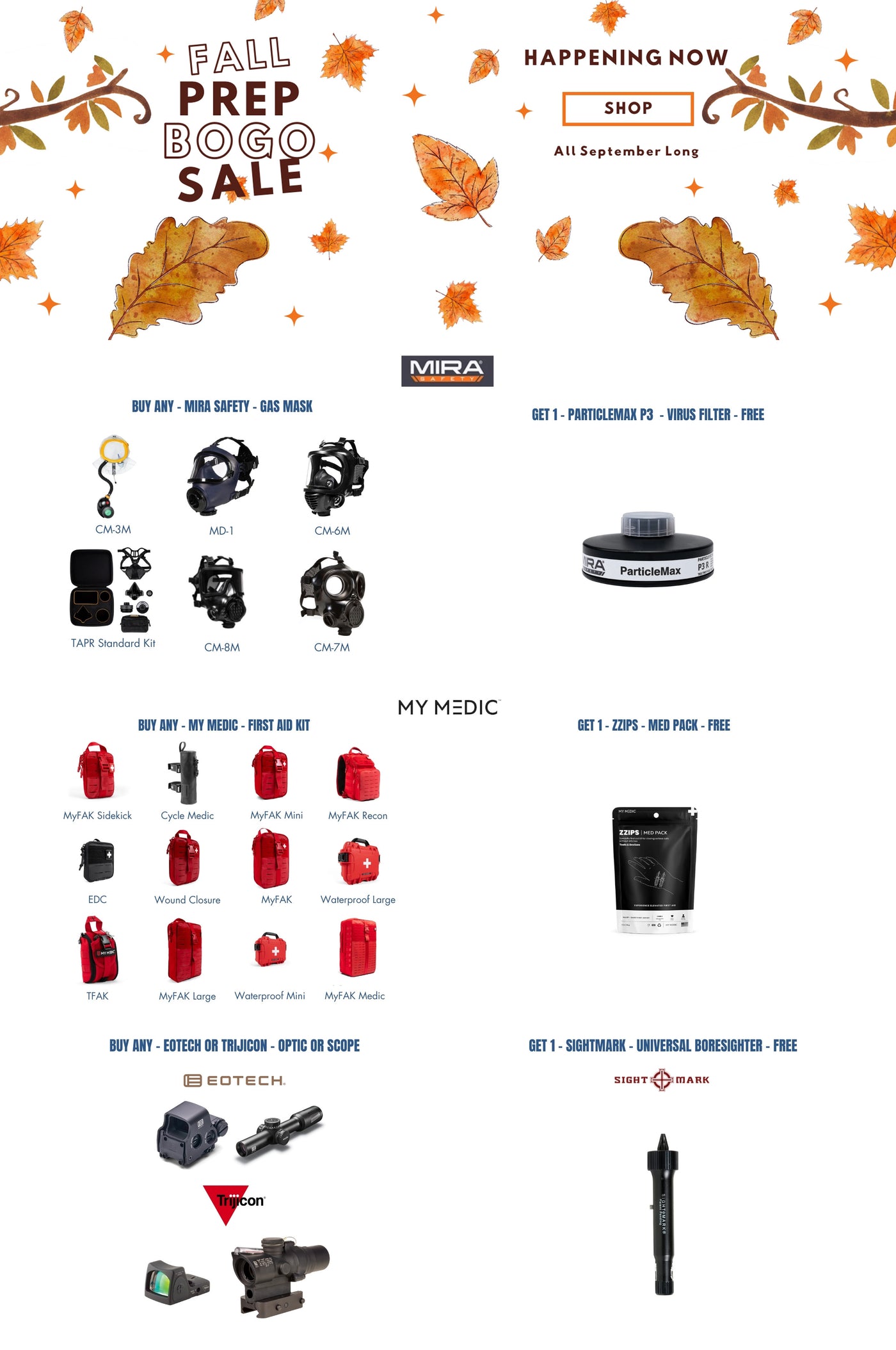 Outdoor survival gear on sale with tactical backpacks, emergency kits, and rugged tools displayed.