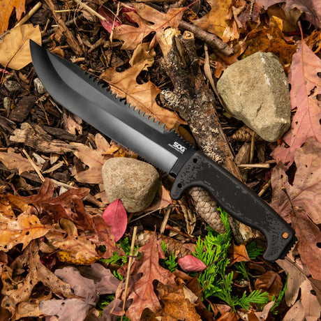 SOG - Fusion, Jungle Primitive, 9.5" Partially Serrated Clip Point, Black Glass Reinforced Nylon Handle, Hardcased Finish, Black, Includes Nylon Sheath