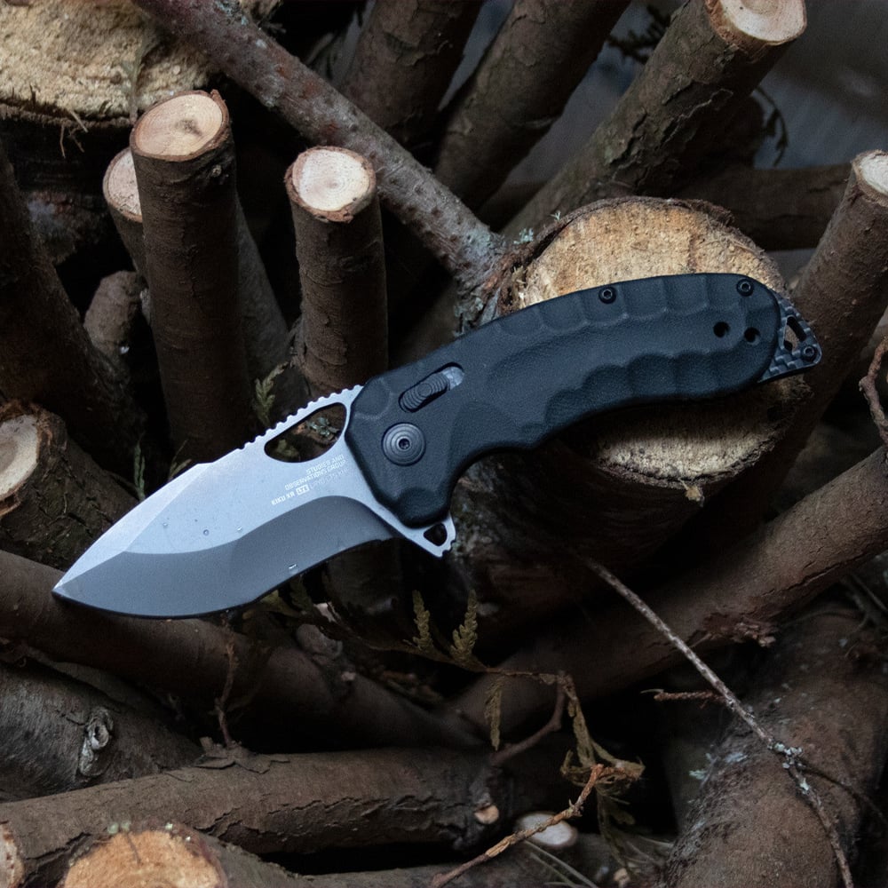 SOG - Kiku XR, 3.2" Tanto Point Straight Edge, Linen Micarta Handle, Cryo CTS XHP Steel, Black