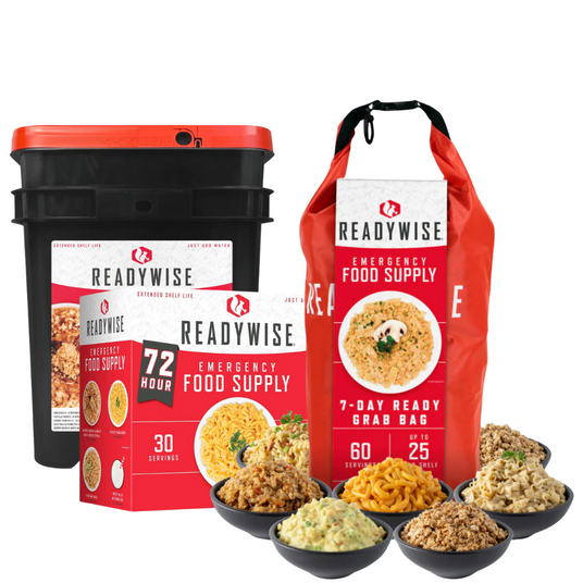 Starter kit essentials for outdoor survival and emergency preparedness displayed on a rugged terrain backdrop.