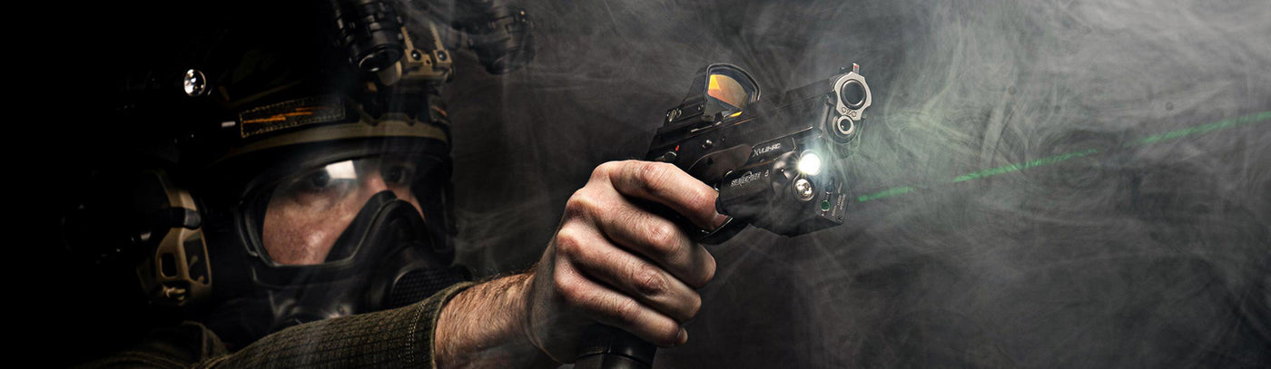SureFire tactical flashlight mounted on a rifle, ideal for outdoor survival and emergency preparedness.