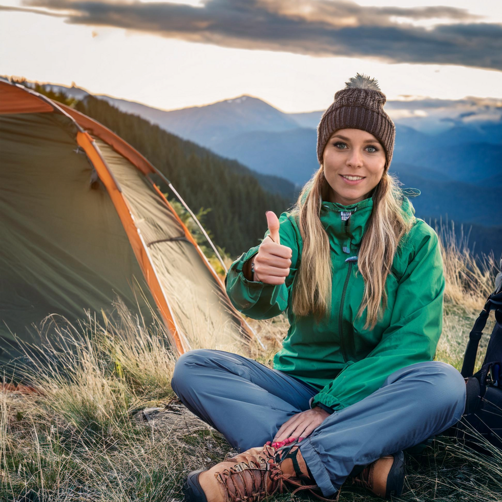 Girl giving thumbs up, symbolizing confidence and approval, related to outdoor survival and tactical gear.