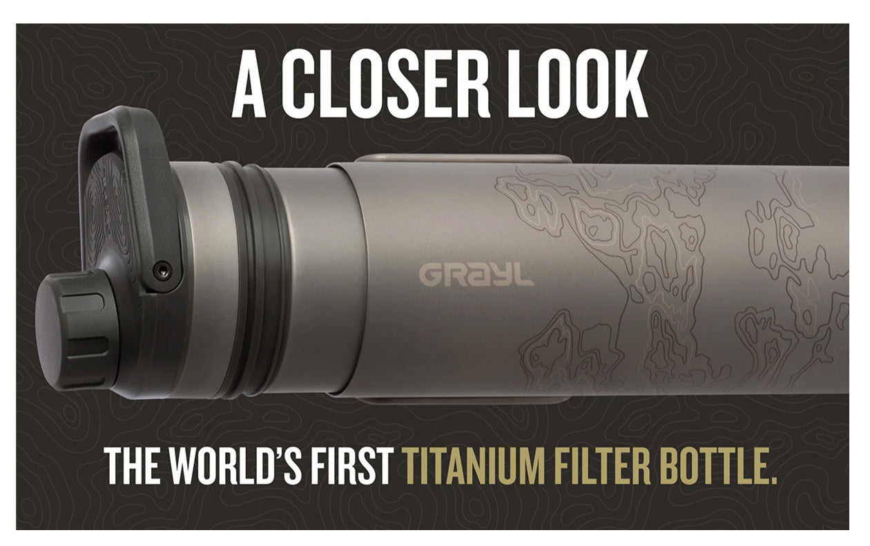 Ultrapress titanium water filter for outdoor survival and emergency preparedness, showcasing compact design and durability.