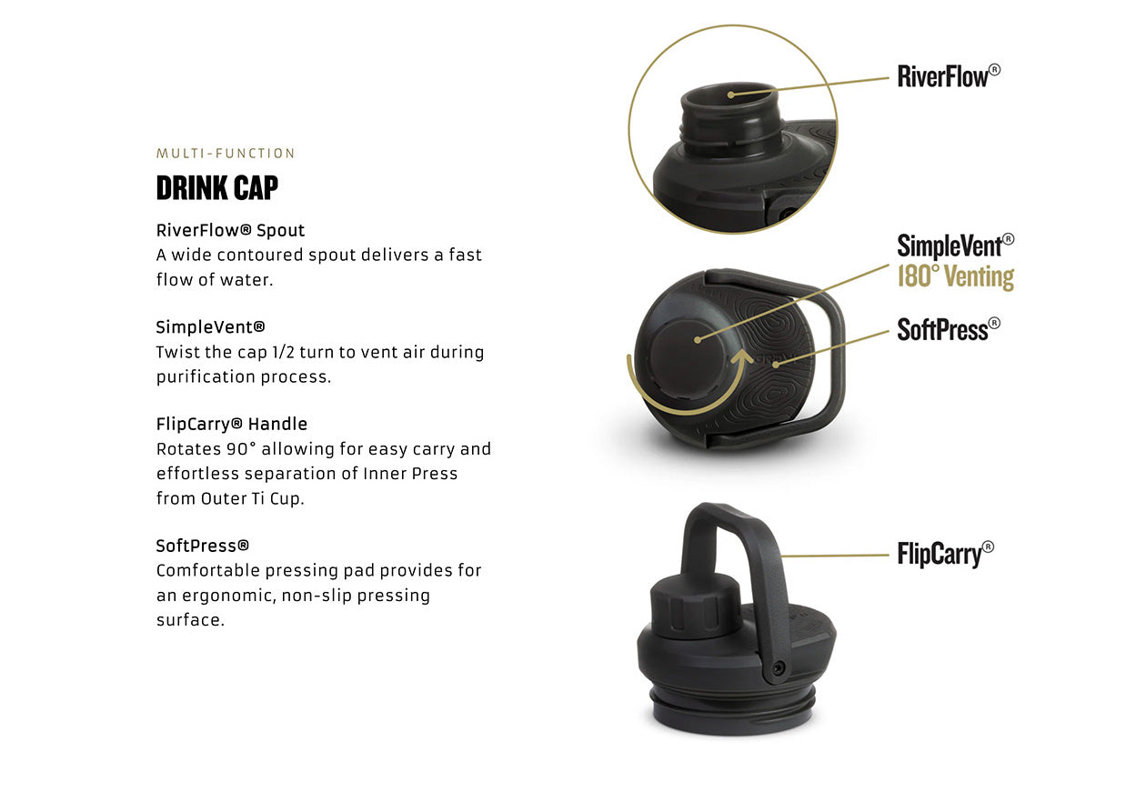 Ultrapress titanium water filter for outdoor survival and emergency preparedness, showcasing sleek design and durability.