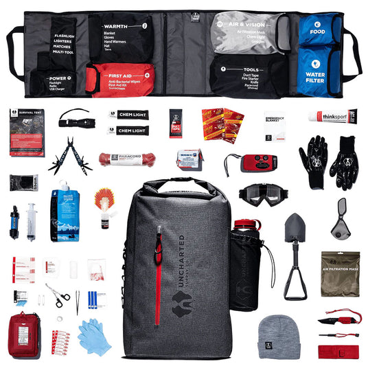 Uncharted Supply Co Seventy2 survival kit open, showcasing emergency preparedness gear and tools