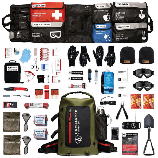 Uncharted Supply Co Seventy2 Pro survival kit open, showcasing emergency preparedness gear and tools