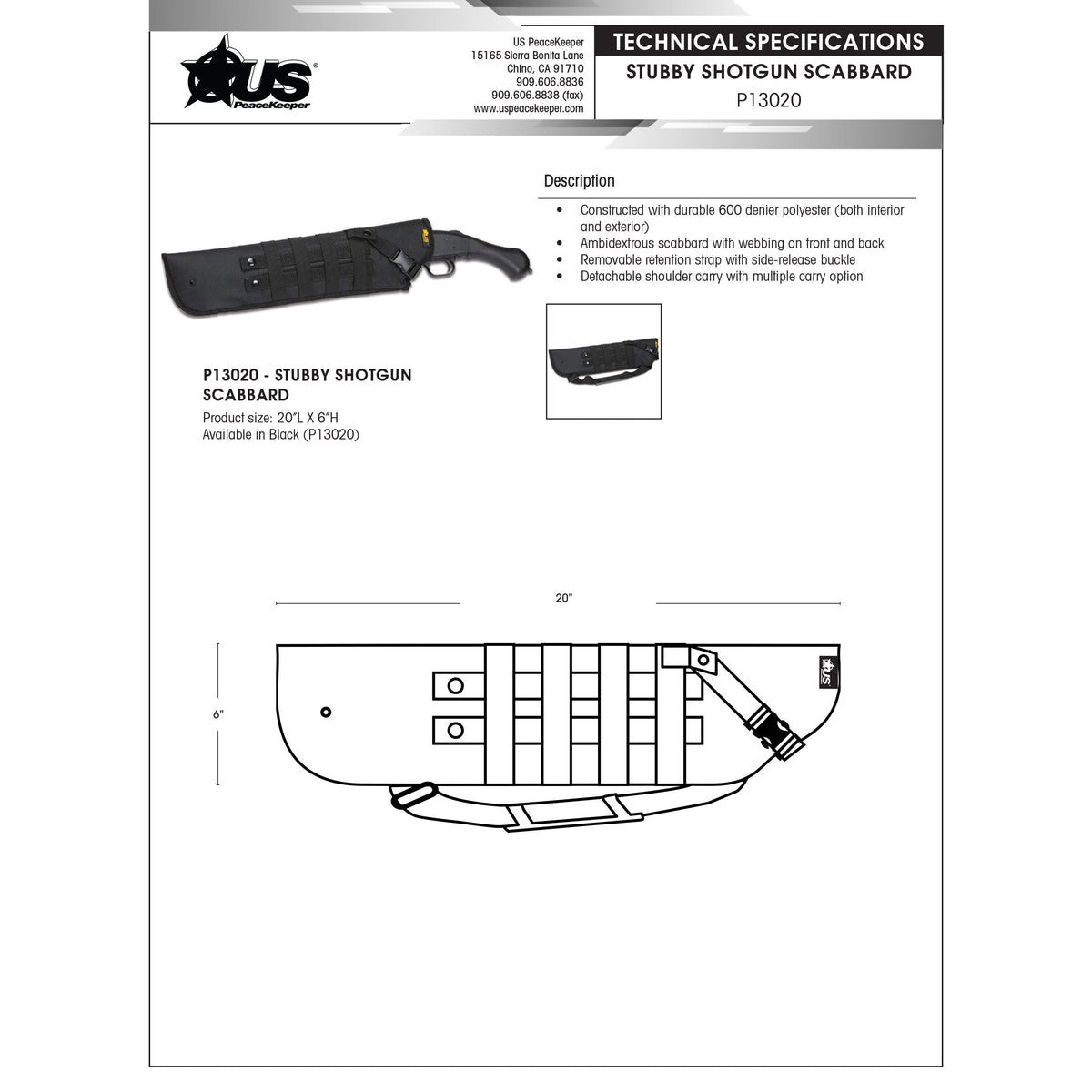 US PeaceKeeper - Stubby Shotgun Scabbard, Black, 20" x 6"