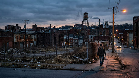 A person walking through a derelict urban street at dusk.