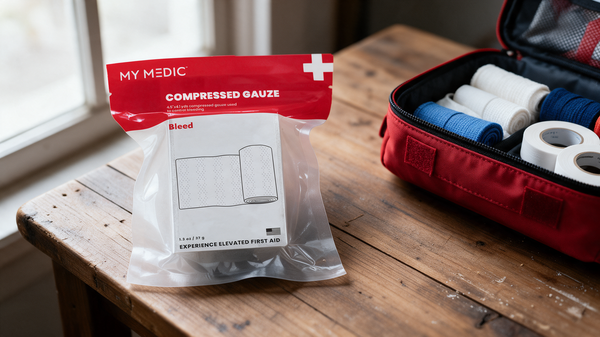 My Medic compressed gauze on a wooden table beside an open first aid kit