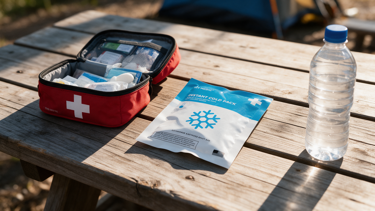 An instant cold pack on a campsite picnic table next to a first aid kit and water bottle