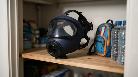MIRA Safety MD-1 children's gas mask on a shelf in a family emergency supply closet