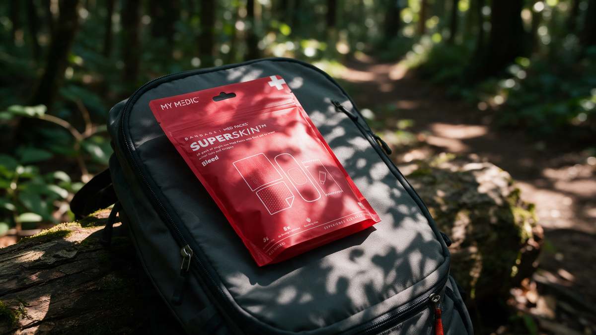 My Medic SuperSkin bandage pack on a hiking backpack beside a forest trail