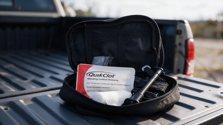 QuikClot hemostatic dressing and a tourniquet in an open trauma kit on a truck tailgate