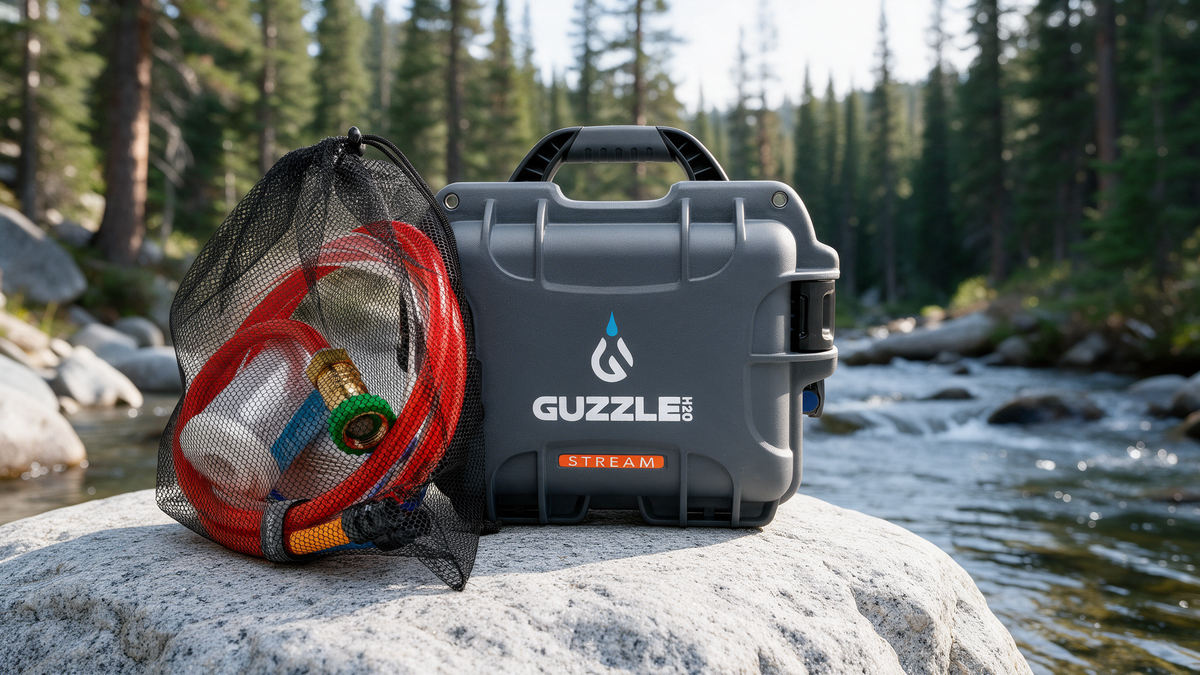 Guzzle H2O Stream case on a granite boulder beside a mountain creek