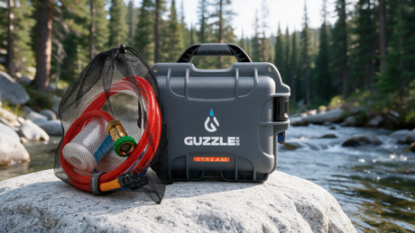 Guzzle H2O Stream case on a granite boulder beside a mountain creek