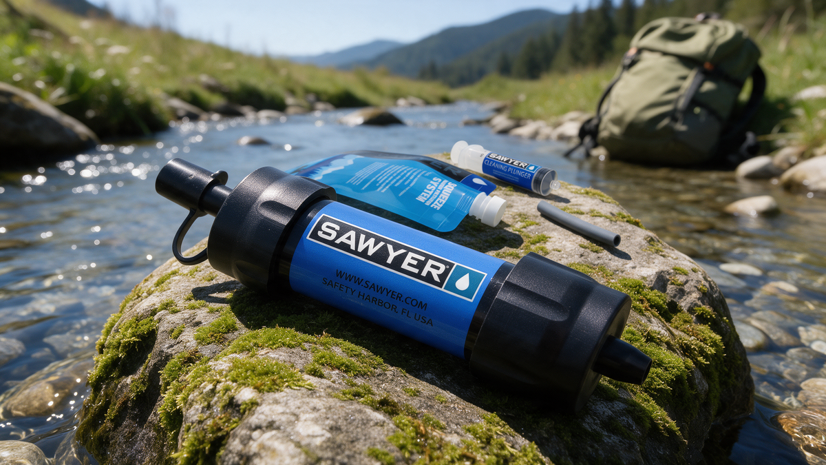 Sawyer Mini water filter on a mossy rock beside a mountain stream