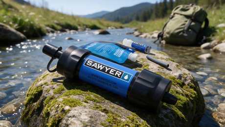 Sawyer Mini water filter on a mossy rock beside a mountain stream
