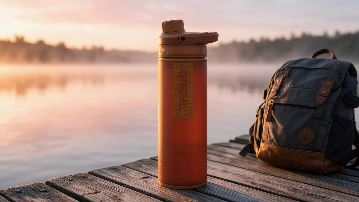 Grayl UltraPress purifier bottle on a lake dock at sunrise next to a backpack