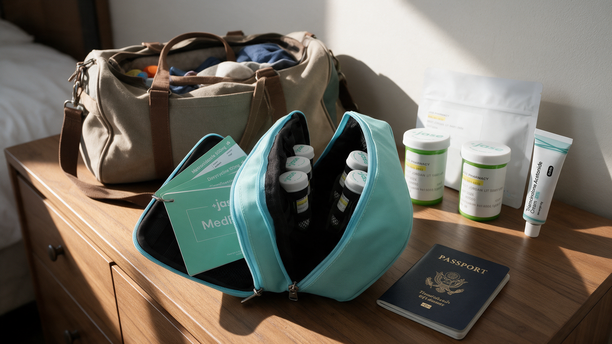 An open Jase Case medication kit on a dresser beside a packed travel bag and passport