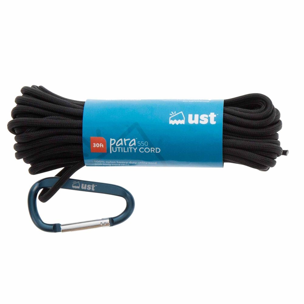 UST - Para 550 Utility Cord, 30 Foot, 100% Nylon, Includes Carabiner, Black