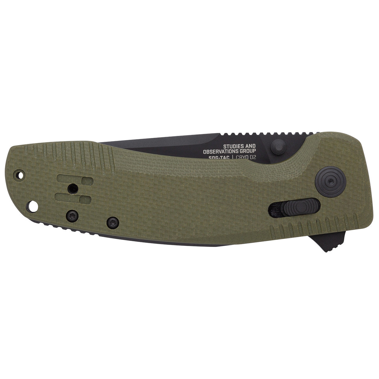 SOG - TAC XR, Folding Knife, 3.39" Straight Clip Point, G10 Handle, D2 Steel, Black Titanium Nitride Finish, Olive Drab Green