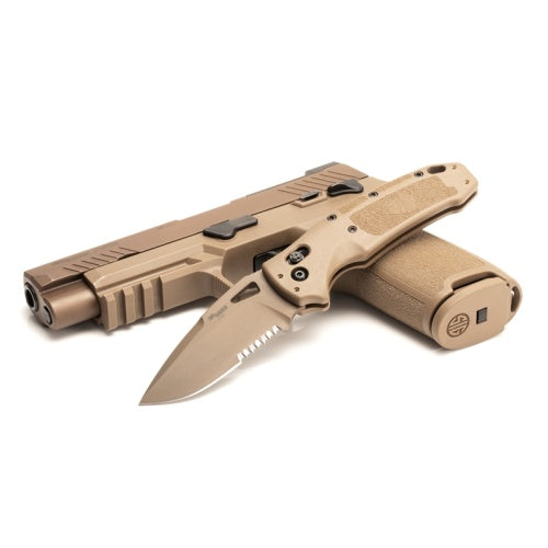 Hogue - SIG K320® Manual Folder (M17/M18) 3.5" Drop Point Blade (Partially Serrated) - Coyote PVD Coyote Tan Polymer Frame