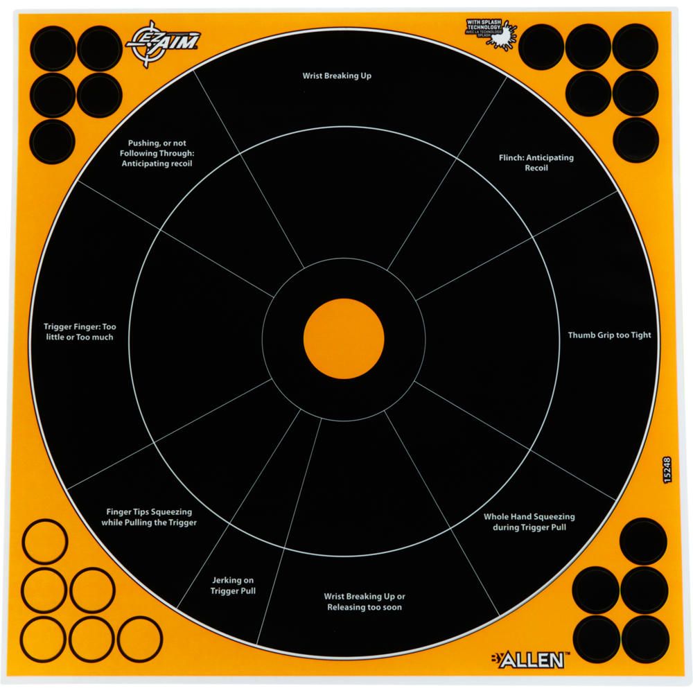Allen Company - EZ Aim Adhesive Splash Reactive Paper Shooting Targets, Handgun Trainer, 12"W x 12"H, 5-Pack, Black/Orange