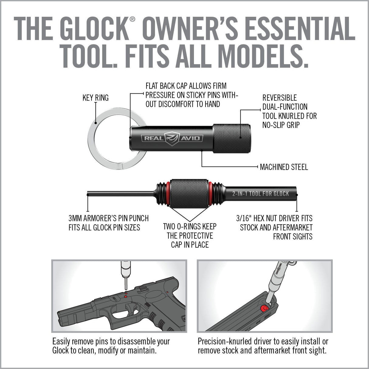 Real Avid - 2-IN-1 Tool™ for Glock - Armorer’s Combination Disassembly & Front Sight Tool