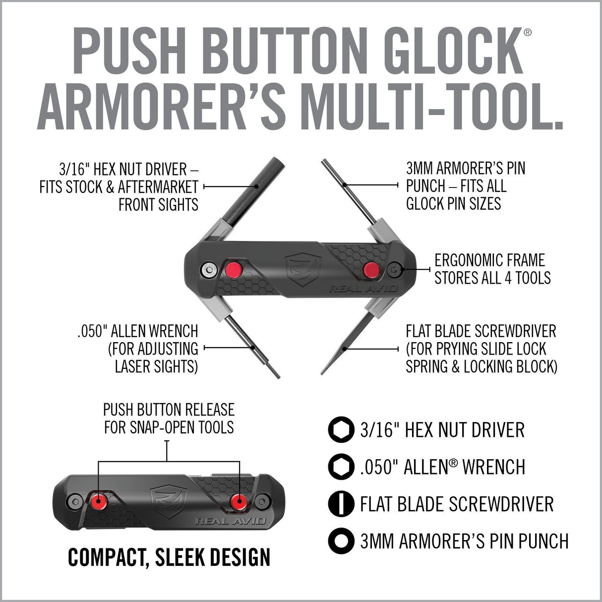 Real Avid - 4-In-1 Tool™ for Glock - Push Button Deployment of 4 Glock-Specific Tools