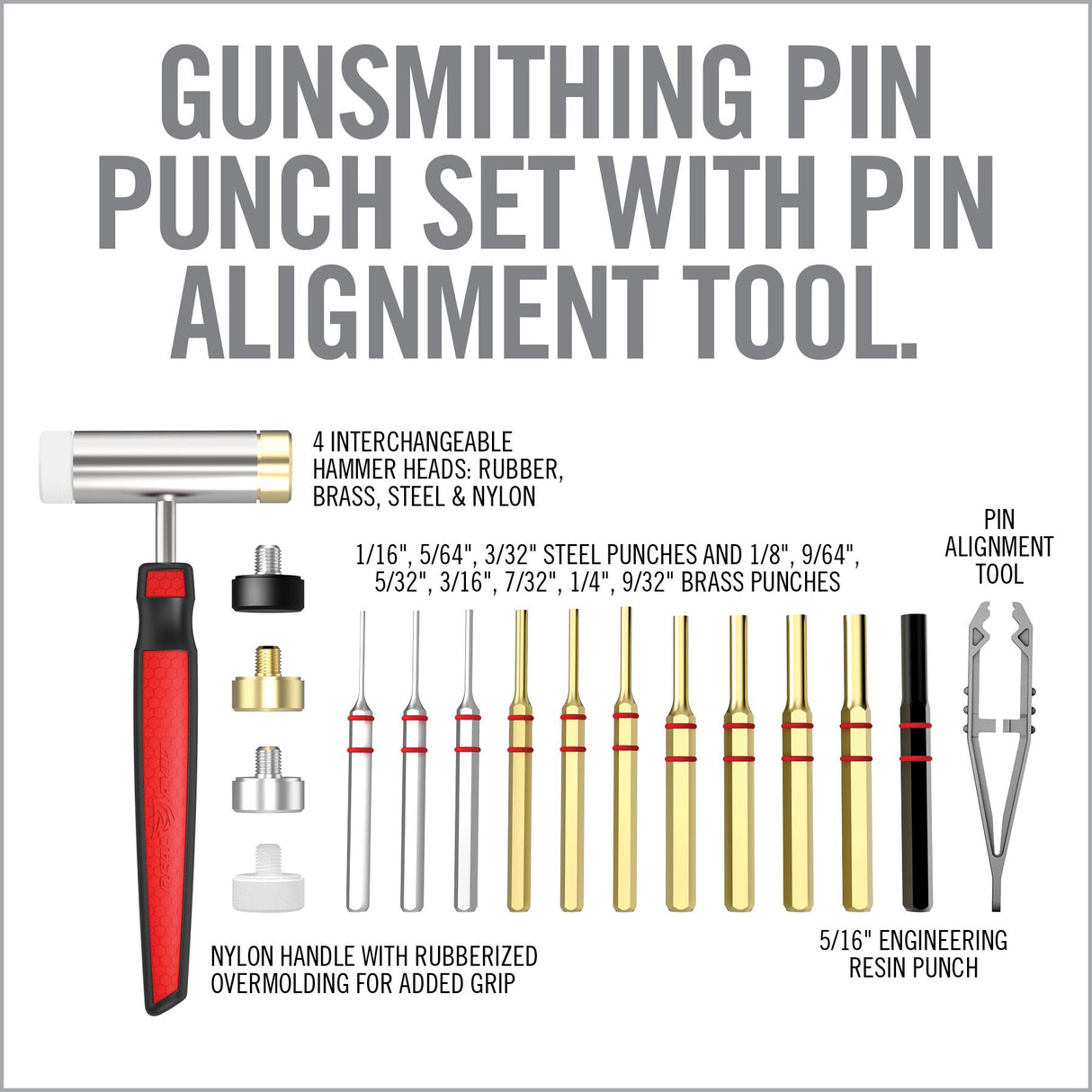 Real Avid - ACCU-PUNCH® Hammer with Brass & Steel Pin Punches - Gunsmithing Pin Punch Set with Pin Alignment Tool