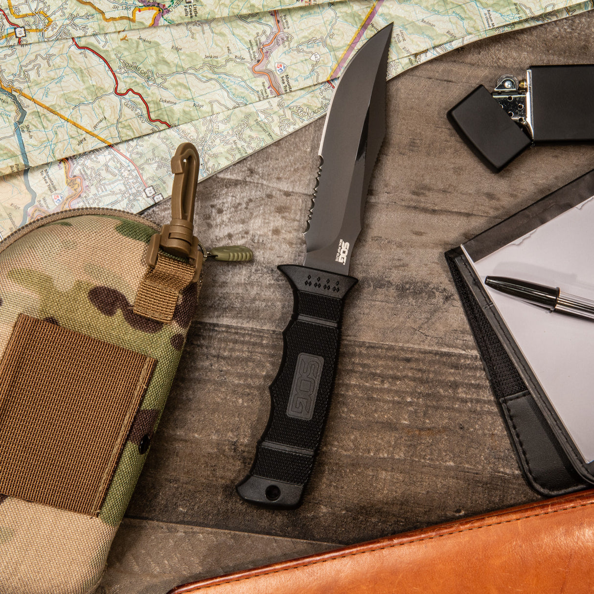 SOG - Seal Pup, Elite, Fixed Blade Knife, 4.85" Clip Point Partially Serrated Edge, Black, Includes Kydex Sheath