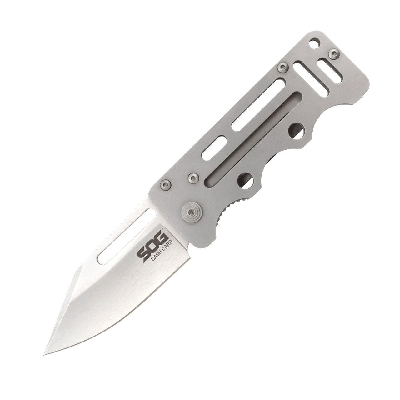 SOG - Cash Card, Folding Knife, 2.75" Clip Point Straight Edge, Silver Stainless Steel Handle, Satin Finish