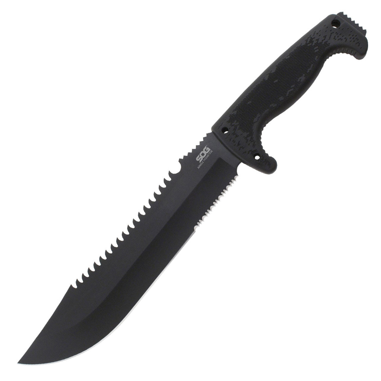 SOG - Fusion, Jungle Primitive, 9.5" Partially Serrated Clip Point, Black Glass Reinforced Nylon Handle, Hardcased Finish, Black, Includes Nylon Sheath