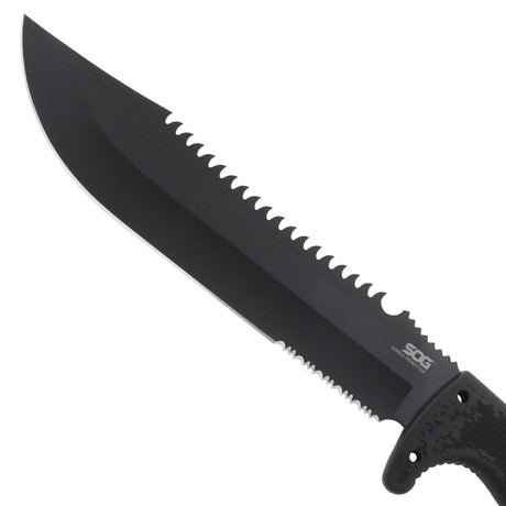 SOG - Fusion, Jungle Primitive, 9.5" Partially Serrated Clip Point, Black Glass Reinforced Nylon Handle, Hardcased Finish, Black, Includes Nylon Sheath