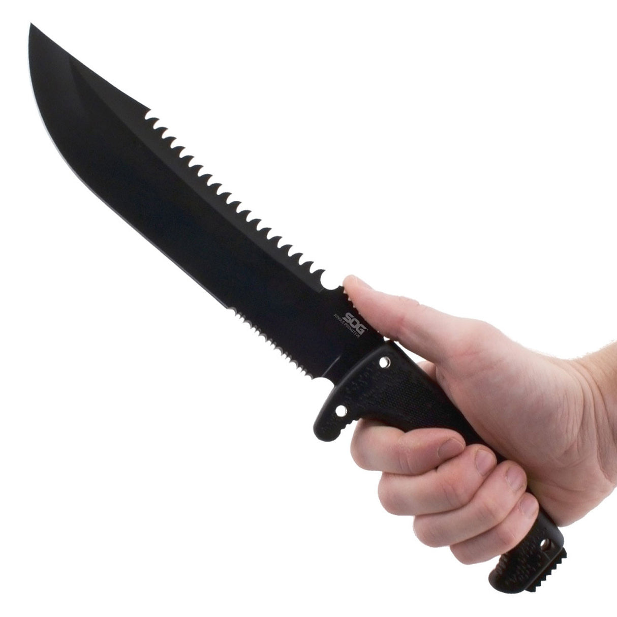 SOG - Fusion, Jungle Primitive, 9.5" Partially Serrated Clip Point, Black Glass Reinforced Nylon Handle, Hardcased Finish, Black, Includes Nylon Sheath