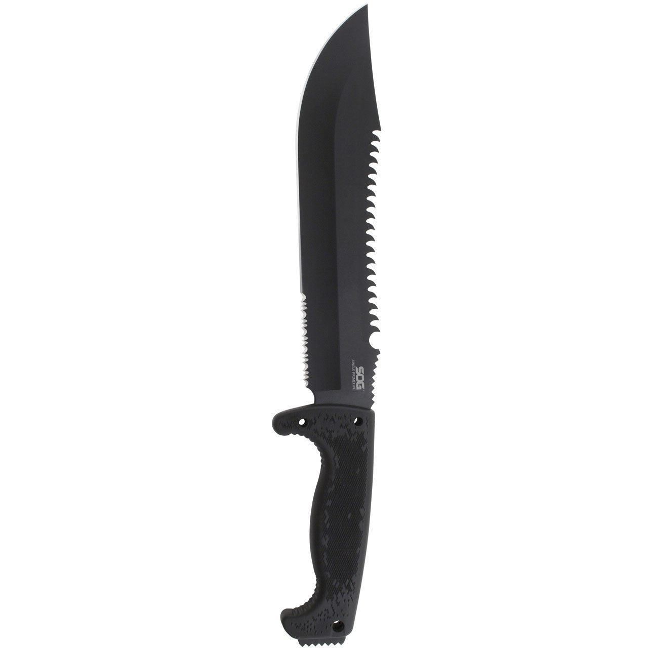 SOG - Fusion, Jungle Primitive, 9.5" Partially Serrated Clip Point, Black Glass Reinforced Nylon Handle, Hardcased Finish, Black, Includes Nylon Sheath