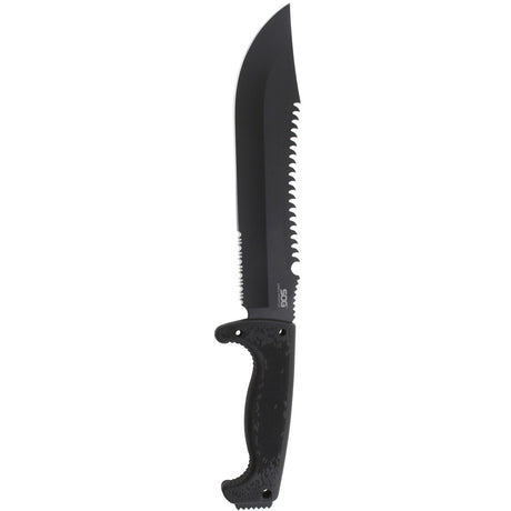 SOG - Fusion, Jungle Primitive, 9.5" Partially Serrated Clip Point, Black Glass Reinforced Nylon Handle, Hardcased Finish, Black, Includes Nylon Sheath