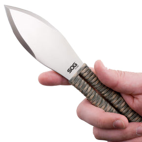 SOG - Throwing Knives - 4.4" Straight Edge Spear Point, Green and Tan Paracord Handle, Satin Finish, Silver, Includes Nylon Sheath, 3 Pack