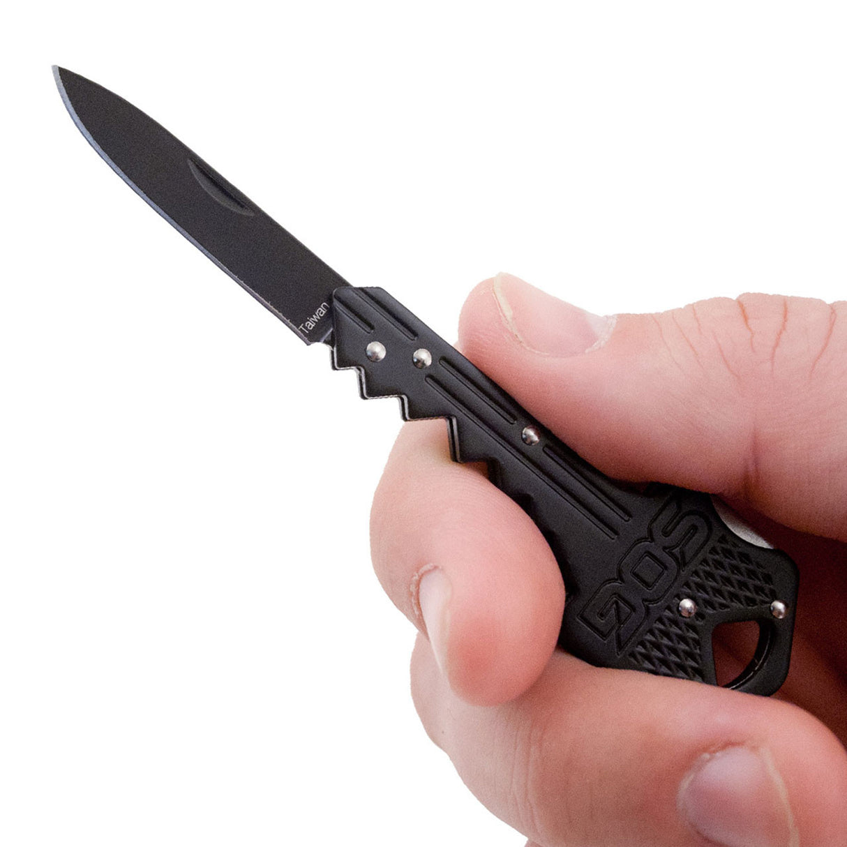 SOG - Key Knife, Compact Lockback Folding Knife with Key-Shaped Design (Available in Black and Brass)