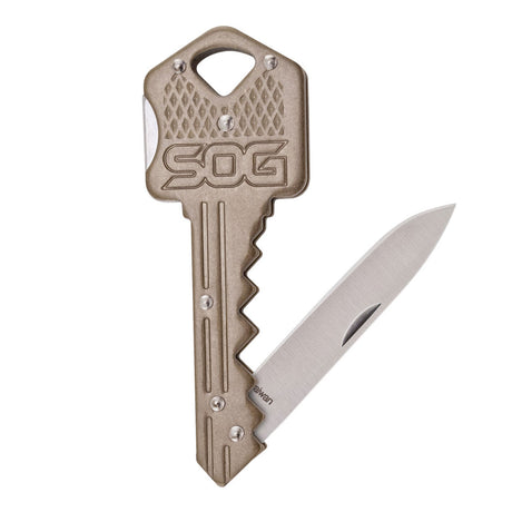 SOG - Key Knife, Compact Lockback Folding Knife with Key-Shaped Design (Available in Black and Brass)