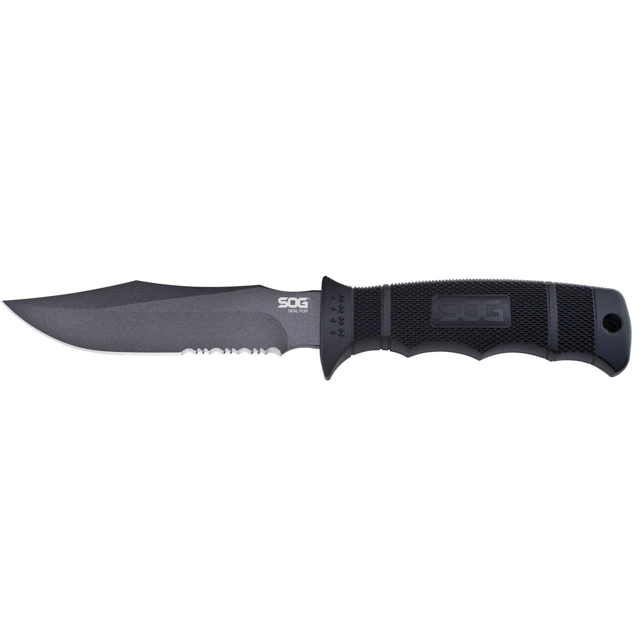 SOG - Seal Pup, Fixed Blade Knife, 4.75" Partially Serrated, Clip Point, Black, Includes Kydex Sheath