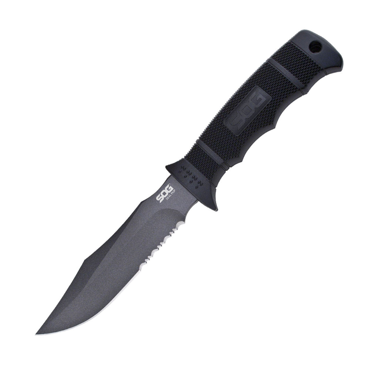 SOG - Seal Pup, Fixed Blade Knife, 4.75" Partially Serrated, Clip Point, Black, Includes Kydex Sheath