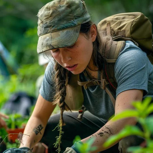 Women learning survival skills outdoors with tactical gear and emergency preparedness kits.