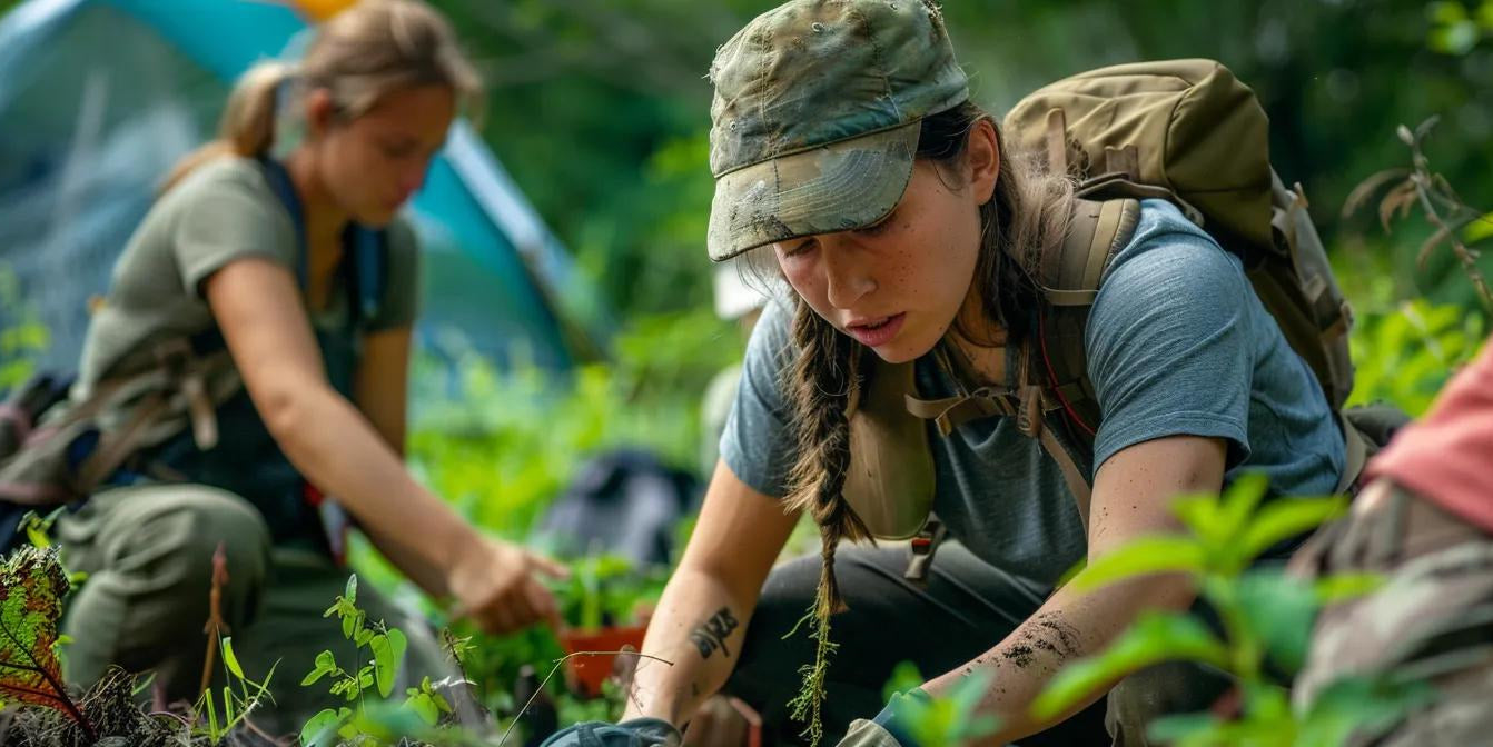 Women learning survival skills in an outdoor setting, emphasizing empowerment and preparedness.