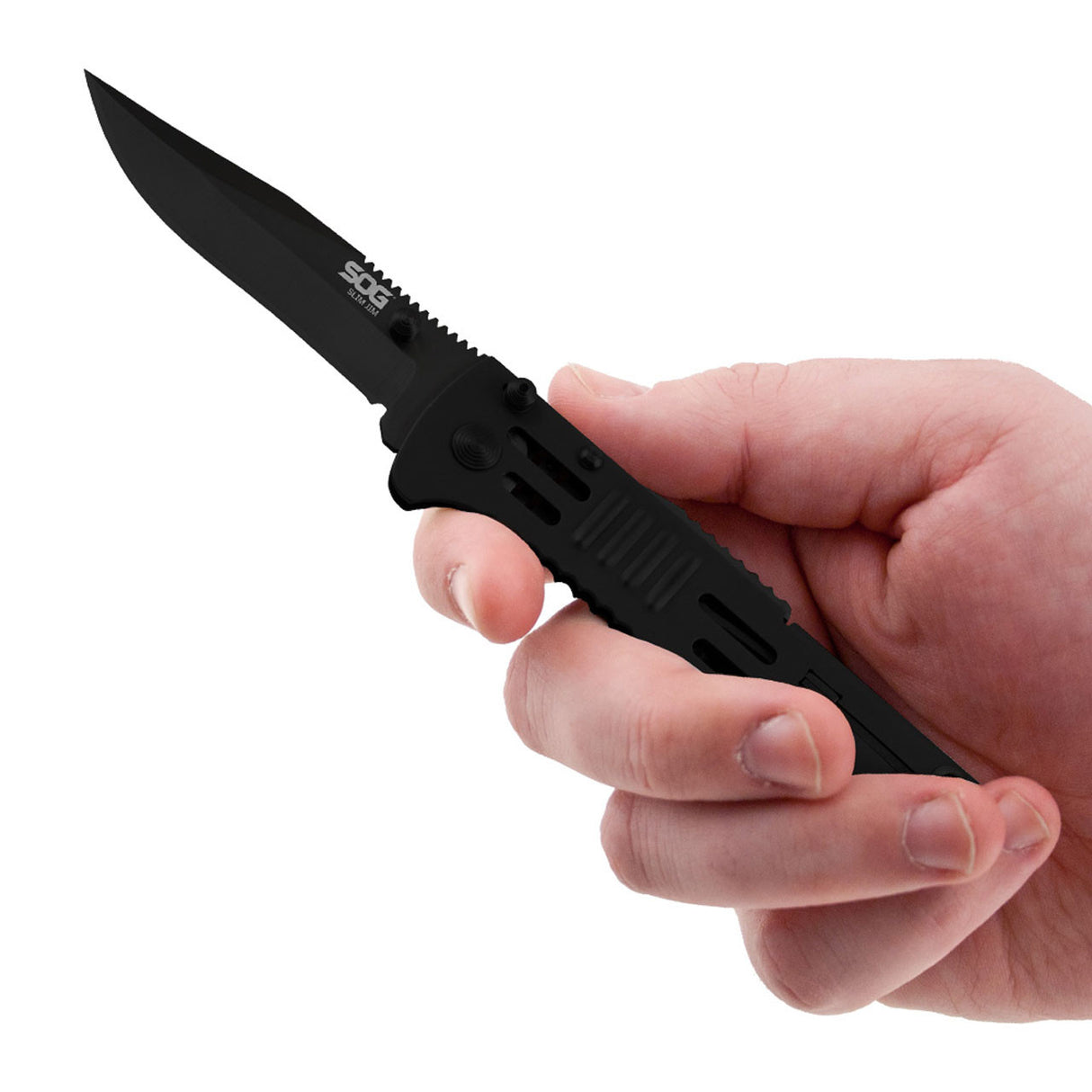 SOG - SlimJim, 3.18" Folding Knife, Clip Point Straight Edge, Bead Blasted Stainless Steel Handle, AUS 8 Steel, Hardcased Black Finish, Black