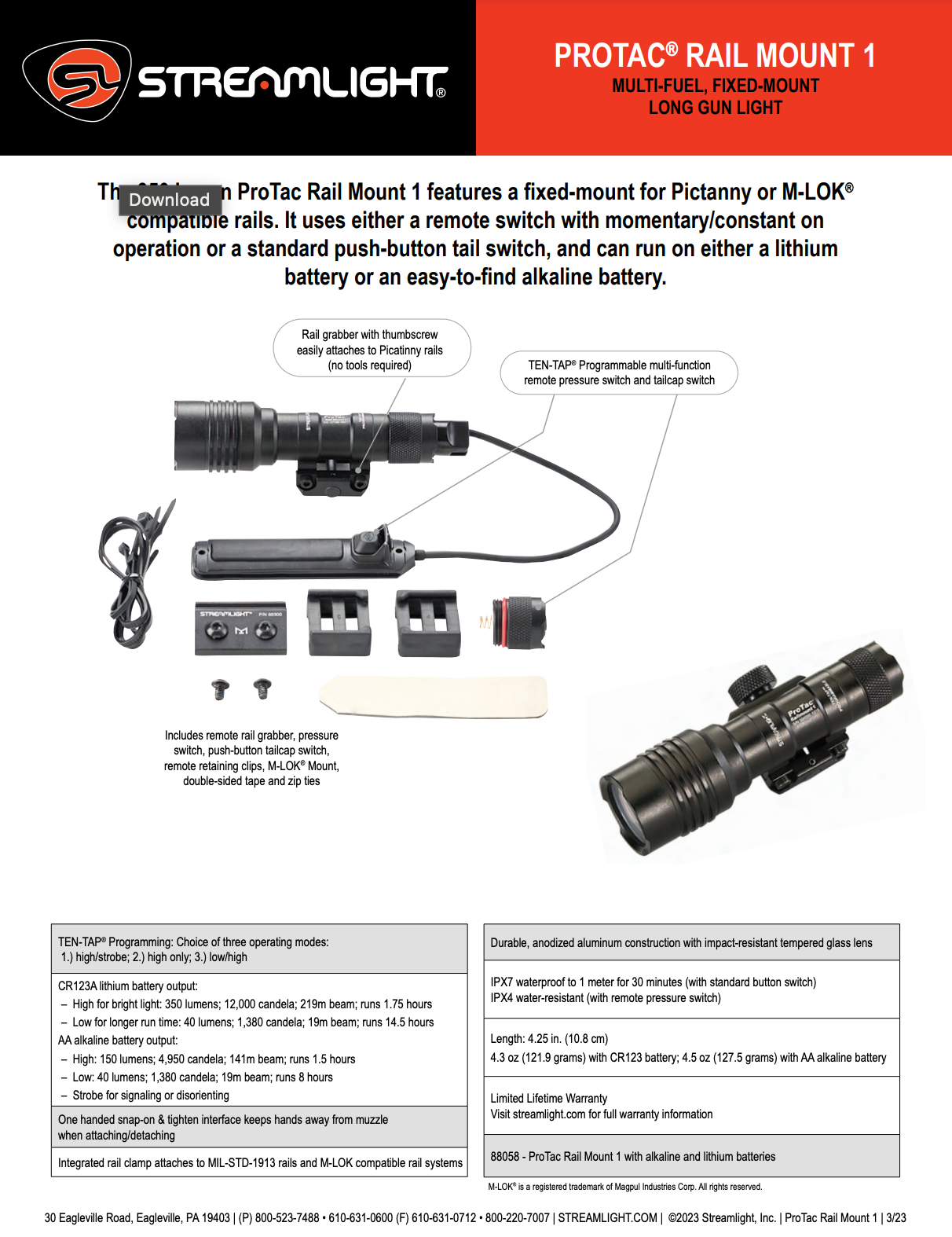 Streamlight - ProTac Rail Mount 1: 350 Lumen Tactical Light for Picatinny and M-LOK Rails